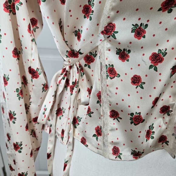 Free People Field Of Roses Satin Lace Top XS Cream Red Coquette Peasant NWT - Picture 13 of 16